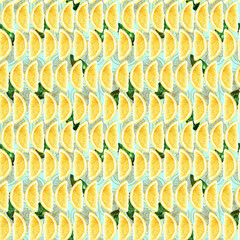 Watercolor seamless pattern with ripe juicy yellow lemons
