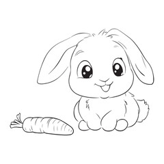 A cute line art bunny sitting beside a carrot, with big eyes and a cheerful expression.