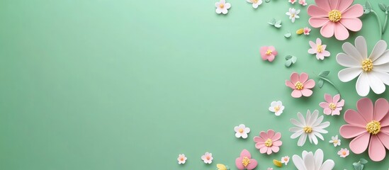 Whimsical Floral Arrangement in Soft Pink and White on Vibrant Green Background Ideal for Springtime Greetings and Social Media with Empty Space
