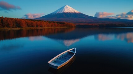 Fototapeta premium Serene Mount Fuji Reflection: A solitary boat on a tranquil lake mirroring the majestic snow-capped peak at dawn.