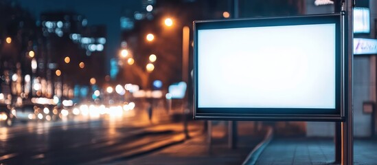 Fototapeta premium Urban night scene featuring a blank advertising billboard illuminated by surrounding street lights and blurred traffic, perfect for creative marketing concepts.