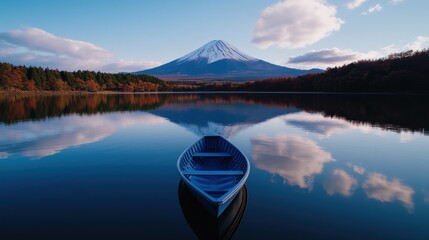 Fototapeta premium Serene Reflection: Mount Fuji's Majestic Mirror Image on a Calm Lake with a Lone Rowboat