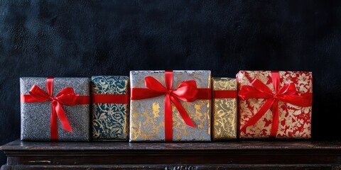 Fototapeta premium Stylish holiday presents with red bows on glittering gold and silver wrapping, dark background