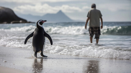A penguin walking along the shoreline of a beach, with waves gently lapping at its feet. In the background, a person in a gray shirt and camouflage shorts is walking away from the camera