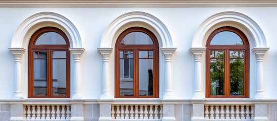 Elegant Arched Windows on Luxury Mansion Facade in Soft White and Warm Wood Tones with Expansive Copy Space for Design or Text Usage