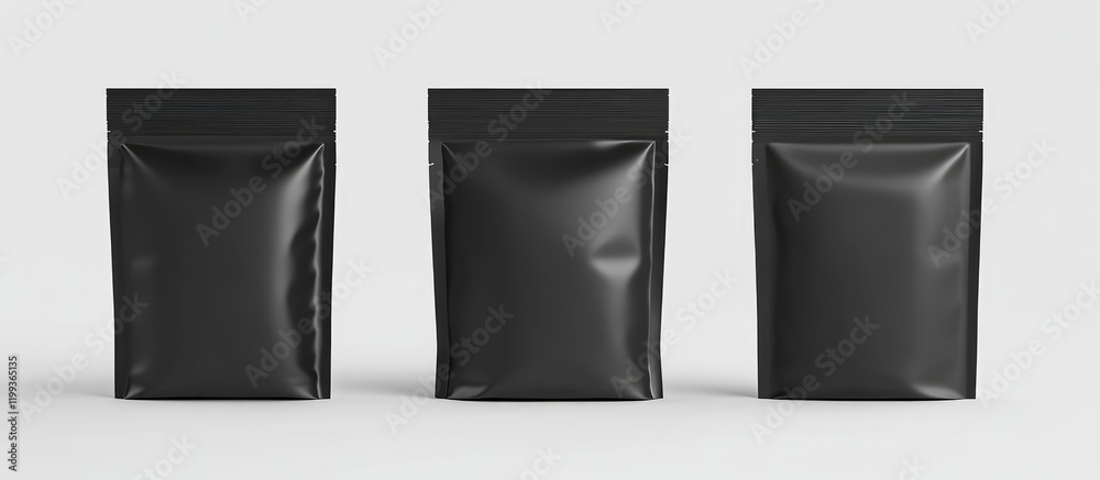 Poster black zip bag mockup set in front and side view on light gray background with empty space for brandi