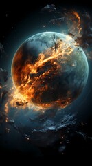 Obraz premium Digital blue and orange broken planet poster background