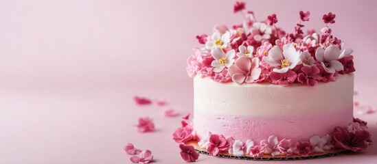 Elegant Flower Cake with Pink Frosting and Sugar Flowers on Soft Pink Background Ideal for Celebrations and Special Occasions with Copy Space