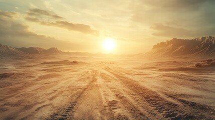 Desolate Roadway Under Harsh Sunlight in Post-Apocalyptic Desert Landscape