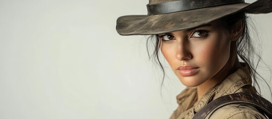 Adventurous woman in a wide-brimmed hat, posing against a neutral light background with ample space for text placement.
