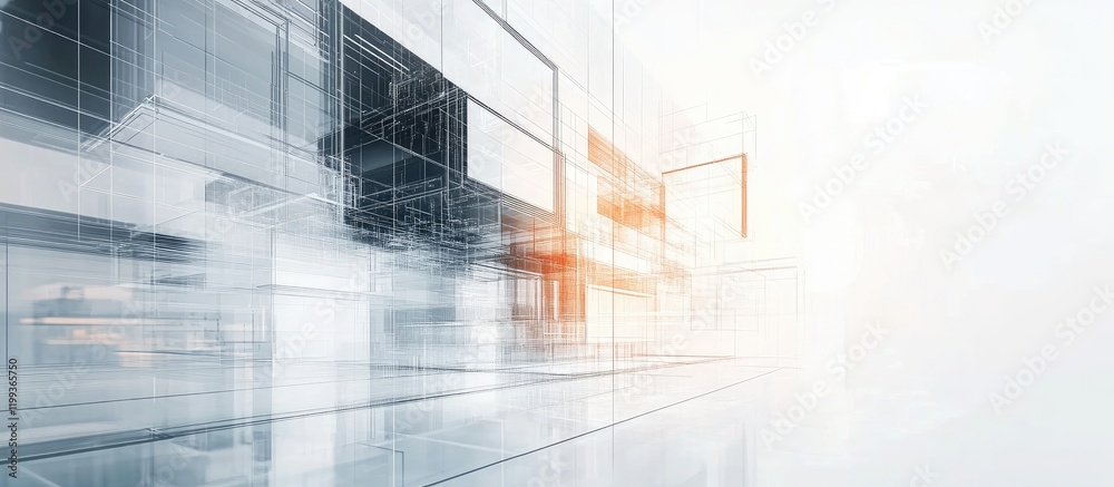 Poster futuristic architectural design concept with digital tools in a modern light gray and orange color s