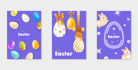 Collection of A5 Happy Easter greeting flyers. Set of brightly colored Easter eggs. Festive eggs are suspended from a satin ribbon with a bow. Cute bunnies with neon elements. Vector illustration