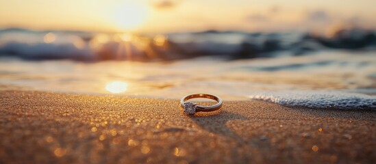 Engagement ring resting on sandy beach at sunset with golden hues and waves in background, featuring ample copy space for text.