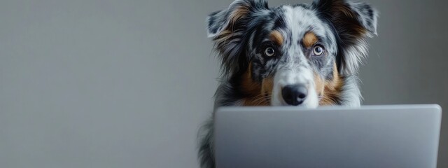 Australian Shepherd Dog Sitting Behind Desk in Home Office with Open Laptop and Neutral Background, Empty Space for Text, Cozy Work Environment