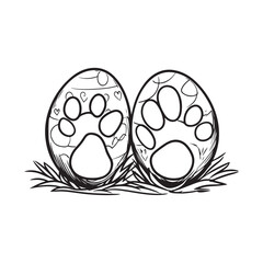 A whimsical sketch of two Easter eggs decorated with paw prints and hearts, nestled in a bed of grass