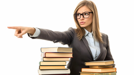 Female lawyer pointing to legal books, with a plain white backdrop