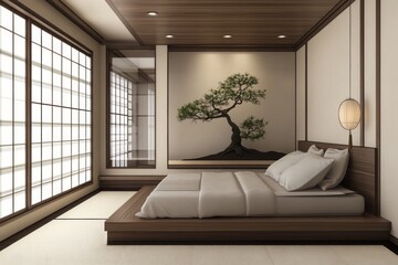 Fototapeta premium Serene Minimalist Japanese Style Bedroom Design