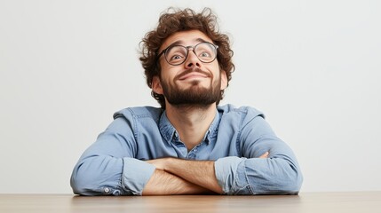Fototapeta premium A man with glasses and a beard is sitting at a table with his arms crossed. He is looking up at something, possibly a book or a piece of paper. Concept of curiosity and contemplation