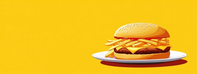 Cheeseburger with French fries on a white plate against a bright yellow background, featuring ample empty space for overlay text.