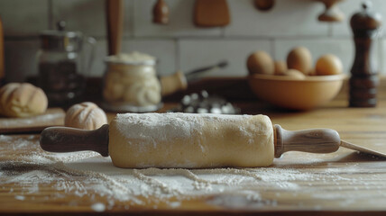 Dough and Rolling Pin Ready for Pastry Creation: A rolling pin positioned on a sheet of dough, ready to be rolled for baking.