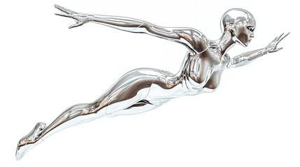 Futuristic Y2K chrome woman soaring through the air, featuring a sleek melty gloss silver metal mannequin design, isolated in a dynamic pose with shiny metallic textures and a futuristic vibe