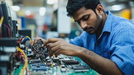 An Indian factory worker assembling electronic components, isolated on white,