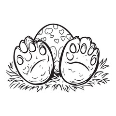 A cute cartoon dinosaur hatching from an egg, with its tiny feet peeking out and a heart-dotted egg