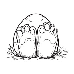 A whimsical line drawing of a dinosaur hatching from an egg, showcasing its tiny feet peeking out