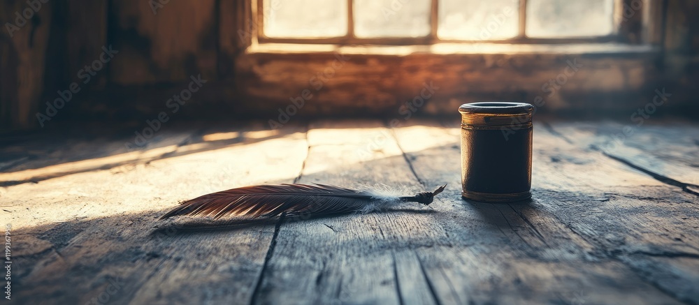 Poster feather and ink pot resting on rustic wooden table in warmly lit attic showcasing enchanting dawn li