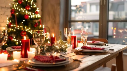 Stylish Christmas dinner table setting with red and white decorations, candles, plates, wine glasses, festive background atmosphere, and a small Christmas tree with lights, illuminated by natural ligh