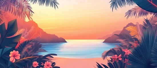 Tropical beach sunset with vibrant plants and a calm sea, empty space for text