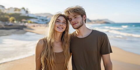 A couple is posing for a picture on the beach. The woman has long hair and the man is wearing a brown shirt. Scene is happy and relaxed, as the couple is enjoying their time together at the beach