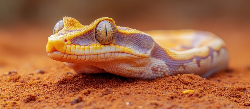 Bitis gabonica snake on red dirt surface in side view with clear head detail and empty copyspace for text exhibiting stout body morphology.