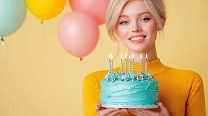 A young woman with a radiant smile holding a green frosted birthday cake adorned with candles, pink heart-shaped balloons in the background, and a soft yellow wall