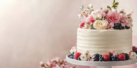 Elegant white wedding cake adorned with fresh pink flowers and vibrant berries on a decorative cake stand against a soft pastel background.
