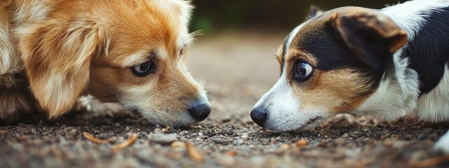 Two Adorable Dogs Engaged in Ground Sniffing with Intense Gaze in Nature, Soft Brown and Black Tones, Ample Copy Space for Text