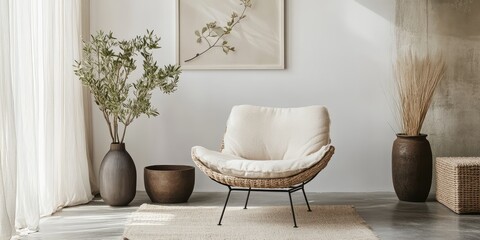Modern living room arrangement featuring a cozy white chair, decorative plants, minimalist wall art, and ample copy space against a neutral backdrop.
