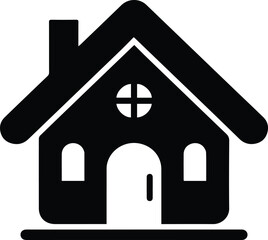 A black and white illustration of a home icon. It is a simple representation of a house with a triangular roof. There is a chimney on the roof and a door at the front. The house is surrounded by a cir