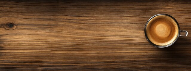 Double Espresso in Clear Glass Cup on Dark Wooden Table with Warm Brown Color Tonality and Ample Empty Copy Space for Text