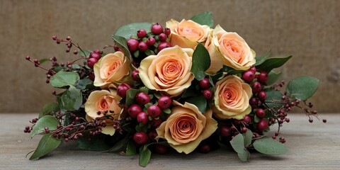 Elegant bridal bouquet with soft peach roses and rich burgundy hypericum berries on a rustic wooden surface with ample space for text.