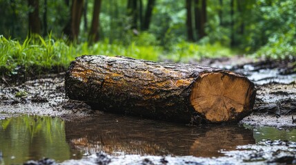 Fototapeta premium Fallen log surrounded by muddy water in lush tropical forest, displaying vibrant greens and rich browns, captured from a low angle.