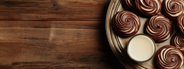 Double Chocolate Swirl Cookies with Milk on a Platter Against Wooden Background
