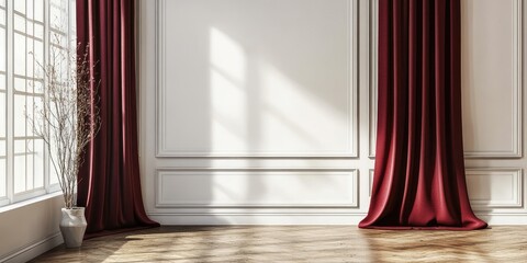 Burgundy draped elegant curtains in a sophisticated bright room with wooden floor and decorative vase creating inviting interior ambiance