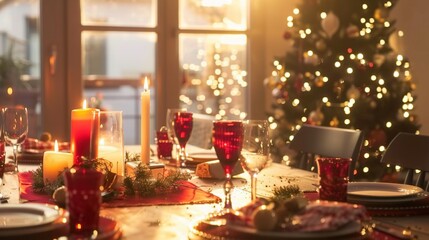 Stylish Christmas dinner table setting with red and white decorations, candles, plates, wine glasses, festive background atmosphere, and a small Christmas tree with lights, illuminated by natural ligh