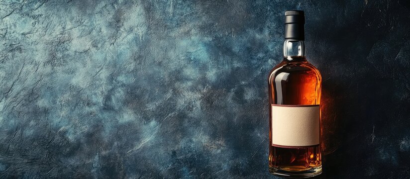 Elegant whiskey bottle with customizable label on textured blue background, ideal for Father's Day gifts, showcasing warm amber tones and empty space for branding.