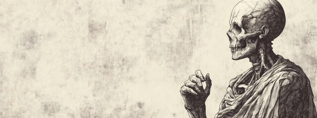 Fototapeta premium Digital engraving of a skeletal figure in profile with vintage texture background and blank space for text, monochrome tones, studio lighting.