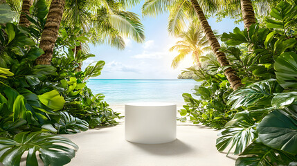 Obraz premium Serene tropical beach scene with a blank cylindrical display stand, perfect for showcasing products or designs. Lush greenery and palm trees frame a tranquil ocean view.