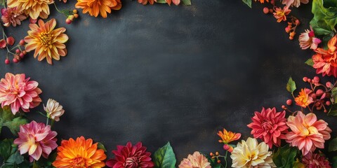 Chalkboard background design featuring vibrant flowers, ideal for festive promotions and customizable text areas.