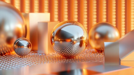 Obraz premium Abstract composition with reflective metallic spheres and geometric shapes on textured surface
