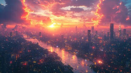 Cityscape sunset, fiery clouds, river flows.